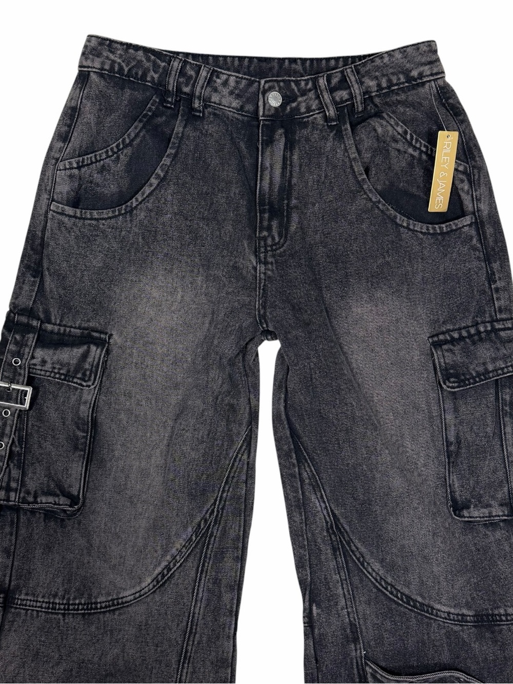 NWT Y2K Black Wide Leg Cargo Jeans Utility Streetwear Riley & James - Picture 4 of 13